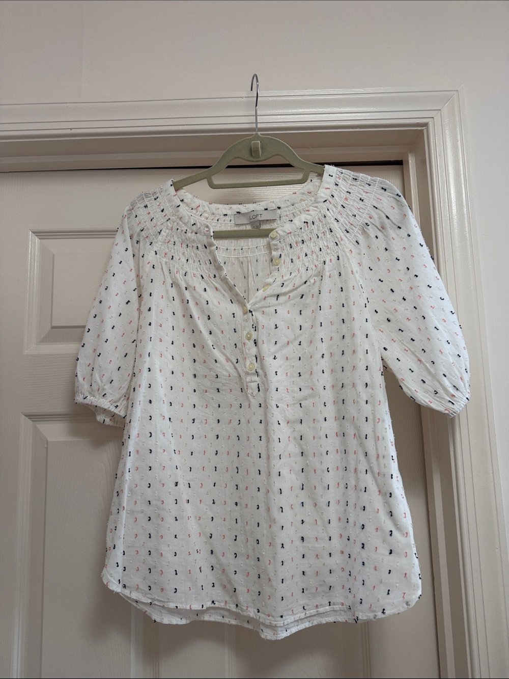 LOFT White Peasant Blouse with Multicolor Micro Dots